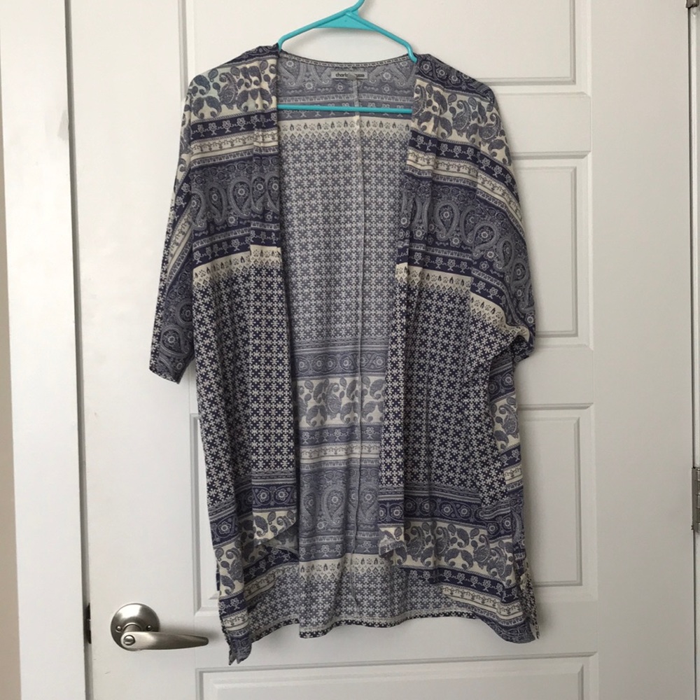 Short sleeve blue and white/cream cardigan